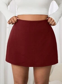 SHEIN EZwear 大码女式休闲纯色酒红色裙裤，带口袋和衬里，夏季 - 酒紅色 - 查看 6