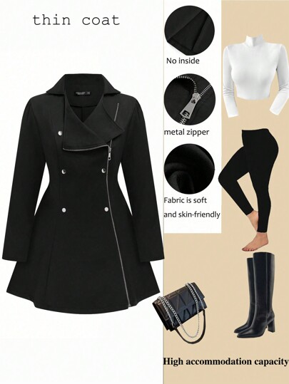 SHEIN Clasi Chaqueta de commuter con acentos con cremallera de metal de doble botonadura para mujer de talla grande