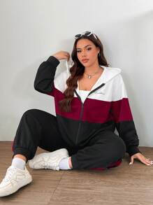 SHEIN EZwear Bộ 2 món/Bộ đồ thể thao thường ngày in khẩu hiệu màu tương phản cỡ lớn, áo khoác nỉ + quần dài, bộ đồ thể thao, mùa thu/đông - Nhiều màu - Xem 5