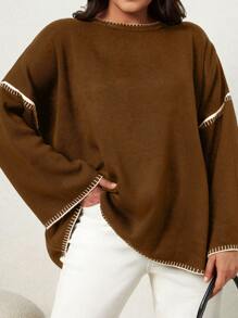 EURMUSE Plus Fall & Winter Causal Contrast Trim Drop Shoulder Sweater - Brown - View 1