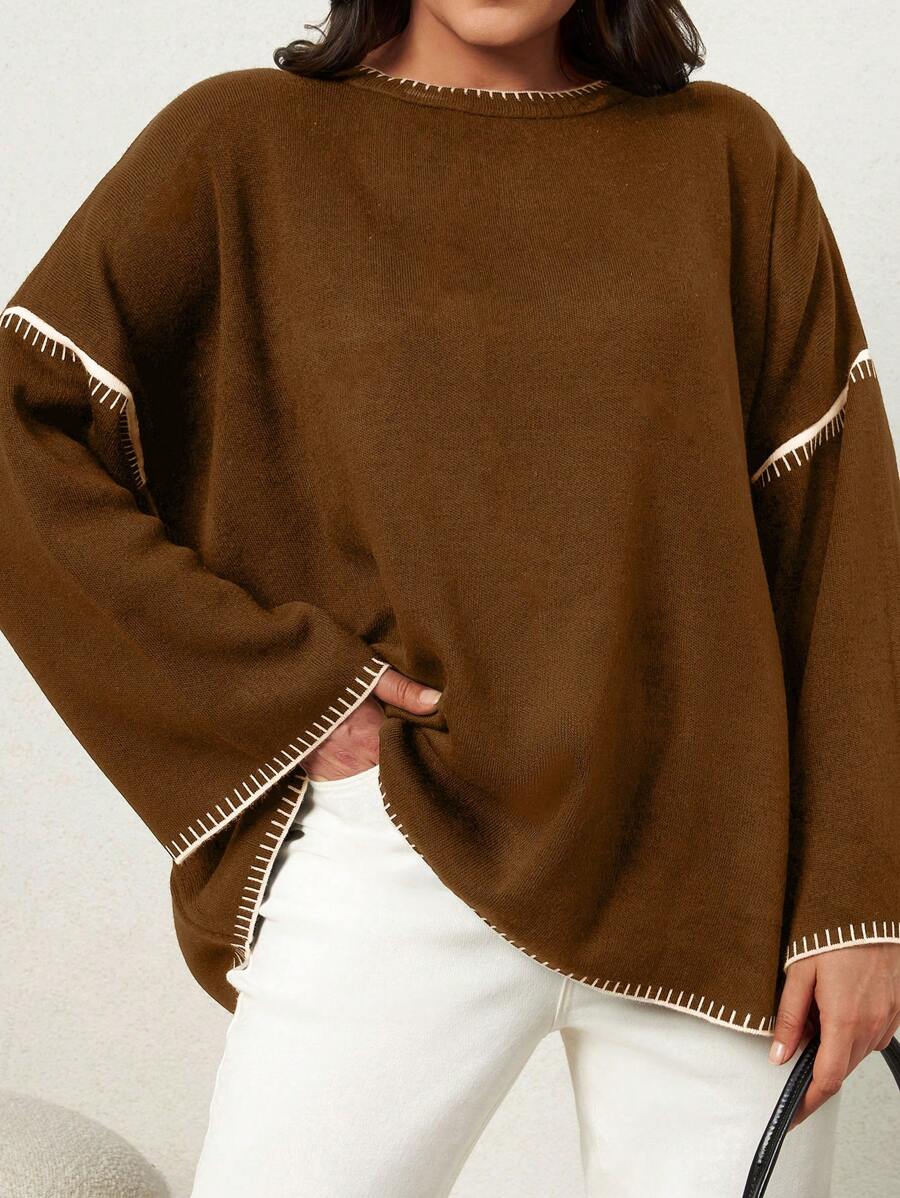 EURMUSE Plus Fall & Winter Causal Contrast Trim Drop Shoulder Sweater - Brown - View 1