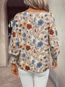 SHEIN LUNE Blusa de mujer con cuello redondo, estampado floral y puños vueltos de 3/4 de manga - Albaricoque - Ver 2