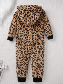 年轻女孩豹纹法兰绒长袖连帽连体衣保暖睡衣家居服 - 彩色 - 查看 2