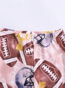 SHEIN 2 件女童休闲橄榄球图案长袖紧身睡衣套装，柔软温暖舒适，适合居家和睡眠