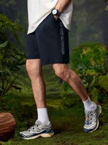 In My Nature Herren Loose Fit Shorts mit Buchstaben-Muster und Taschen für den Outdoor-Bereich - marineblau - Übersicht 1