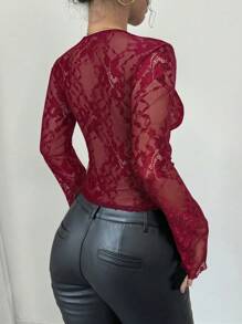 Firerie Women's Black V-Neck Lace Patchwork Flare Sleeve Lace Top - Red - View 6