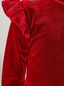 Tween Girl Solid Color Velvet Knit Ruffle Trim Long Sleeve Red Dress, Suitable For Kid Christmas - Red - View 7