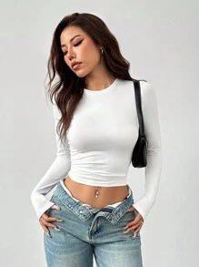 SHEIN PETITE Women's Three Pieces Round Neck Casual Tight-Fitting Solid Color Long-Sleeved T-Shirt Pullover Set Suitable For Spring, Autumn And Winter 3 Packs Topsmultipack Topspack Of Topsbasic Long Sleeve Topslong Sleeve Crop Tops - Multicolor - View 7