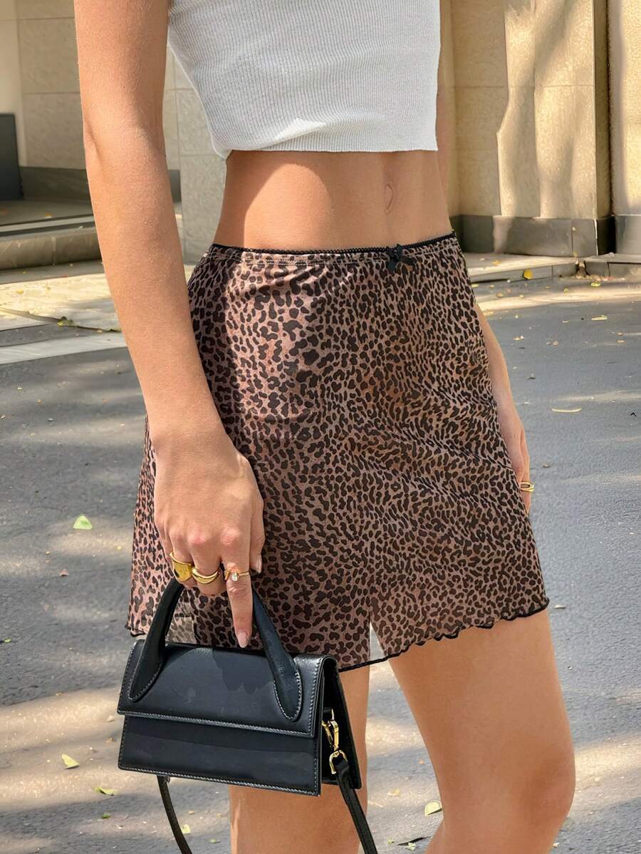 SHEIN EZwear 女士腰部蝴蝶结装饰满印花时尚短裙 - 棕色 - 查看 1