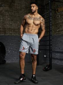 Manfinity Sport Corelite 男友风男士交叉印花拉链口袋休闲健身运动短裤 - 灰色 - 查看 1