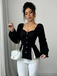Chiquease Blusa elegante de manga larga con panel de colores en bloque, adecuada para todas las estaciones - Negro - Ver 4