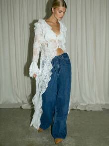 AiiRZ Elegant Lace Maxi Top Ruffle Neck Long Bell Sleeve Wedding Bridal Sheer Floral Victorian Style Blouse Occasion Wear Spring Summer - White - View 1