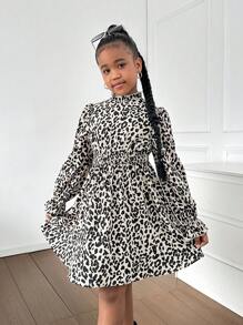 SHEIN Tween Girls Casual Woven V-Neck Long Sleeve Leopard & Ditsy Floral A-Line Dress, Suitable For Everyday Wear And Elegant Gatherings