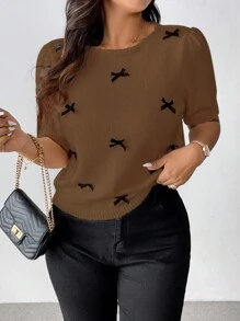 Flirla Simple & Sweet Casual 3D Bow Decor Crew Neck Knit Sweater, Plus Size