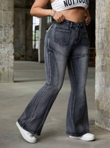 SHEIN ICON Y2K Streetwear Washed Elastic Denim Flare Pants - Dark Grey - View 4