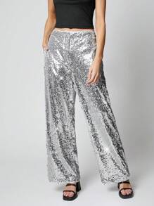 SHEIN EZwear Silberne Paillettenbesatz Weite Hose für den Winter - Silber - Übersicht 1