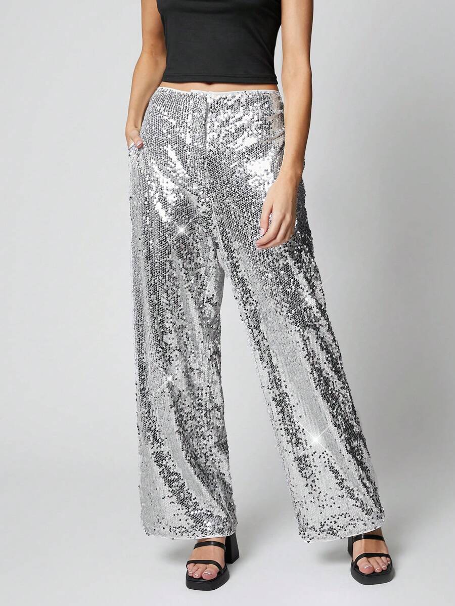 SHEIN EZwear Quần ống rộng sequin bạc cho mùa đông - Bạc - Xem 1