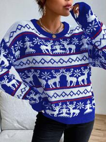 SHEIN LUNE Women's Round Neck Long Sleeve Cute Christmas Elk Pattern Detail Minimalist Sweater, Casual For Daily Wear Knit Pullover Fall Winter