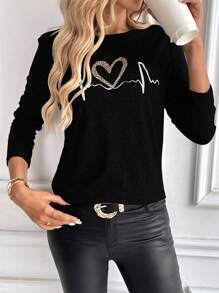 Chiquease Women Casual Cheetah & Heart Print Top, Minimalist & Fashionable Graphic Tees Women Tops Fall Cloth For Women - Black - View 6