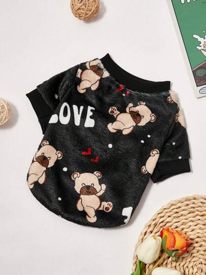 PETSIN 1件宠物狗/猫毛绒熊英文印花保暖卫衣，黑色，适合猫狗