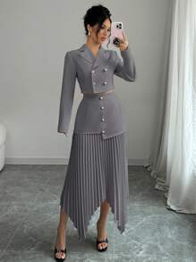 Elenzga 2pcs Women's Elegant Jacket With Lapel, Waist Gathering, Button And Asymmetrical Pleat Detail Fall Cloth For Women - Grey - View 6