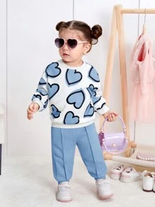 SHEIN Leap Crew Baby Girl Cute Heart Pattern Sweatshirt With Elastic Waist Solid Color Long Pants Set, Autumn/Winter - Blue and White - View 6