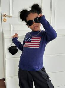 Suéter informal de niña con cuello redondo, de unicolor y mezcla de banderas americanas - Azul - Ver 4