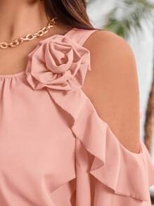 Celure 大码女式纯色 3D 花卉装饰露肩优雅衬衫 - 粉色 - 查看 7