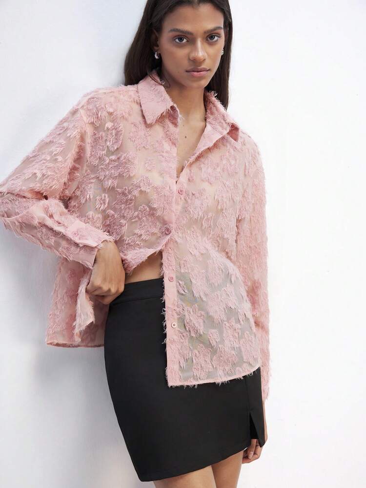 SHEIN Maija Damska różowa świąteczna elegancka perforowana bluzka z długim rękawem, jesień/zima