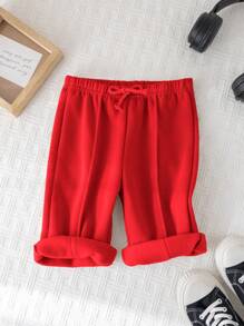 SHEIN Quần dài màu xám rộng rãi có dây rút eo cho bé gái, đa năng cho mùa thu/đông - Đỏ - Xem 5