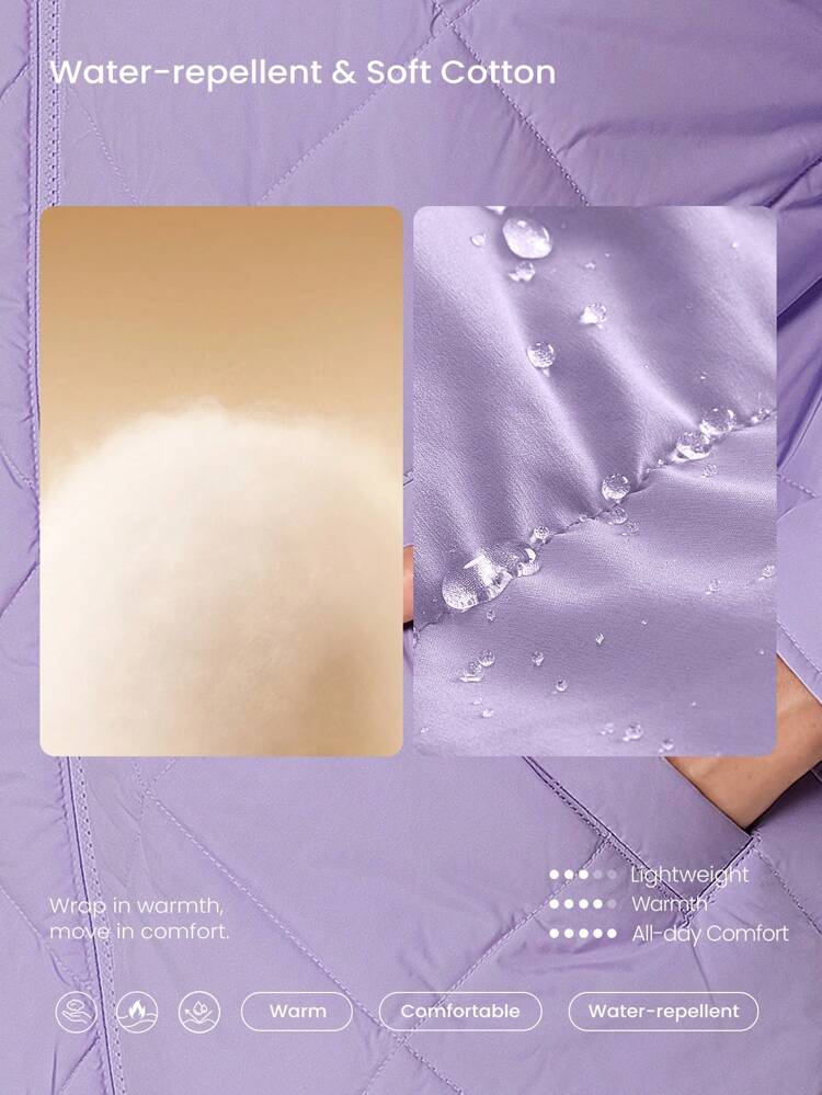 Lightweight Warm Matte Quilted High Collar Relaxed Fit Curved Slits Hem Jacket With Snap Closure Side Pockets Daily Casual Winter