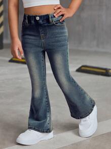 SHEIN Young Girl Y2K Retro Blue Denim Elastic Flare Pants,Girl Fall And Winter Clothes,Cute Denim Jeans