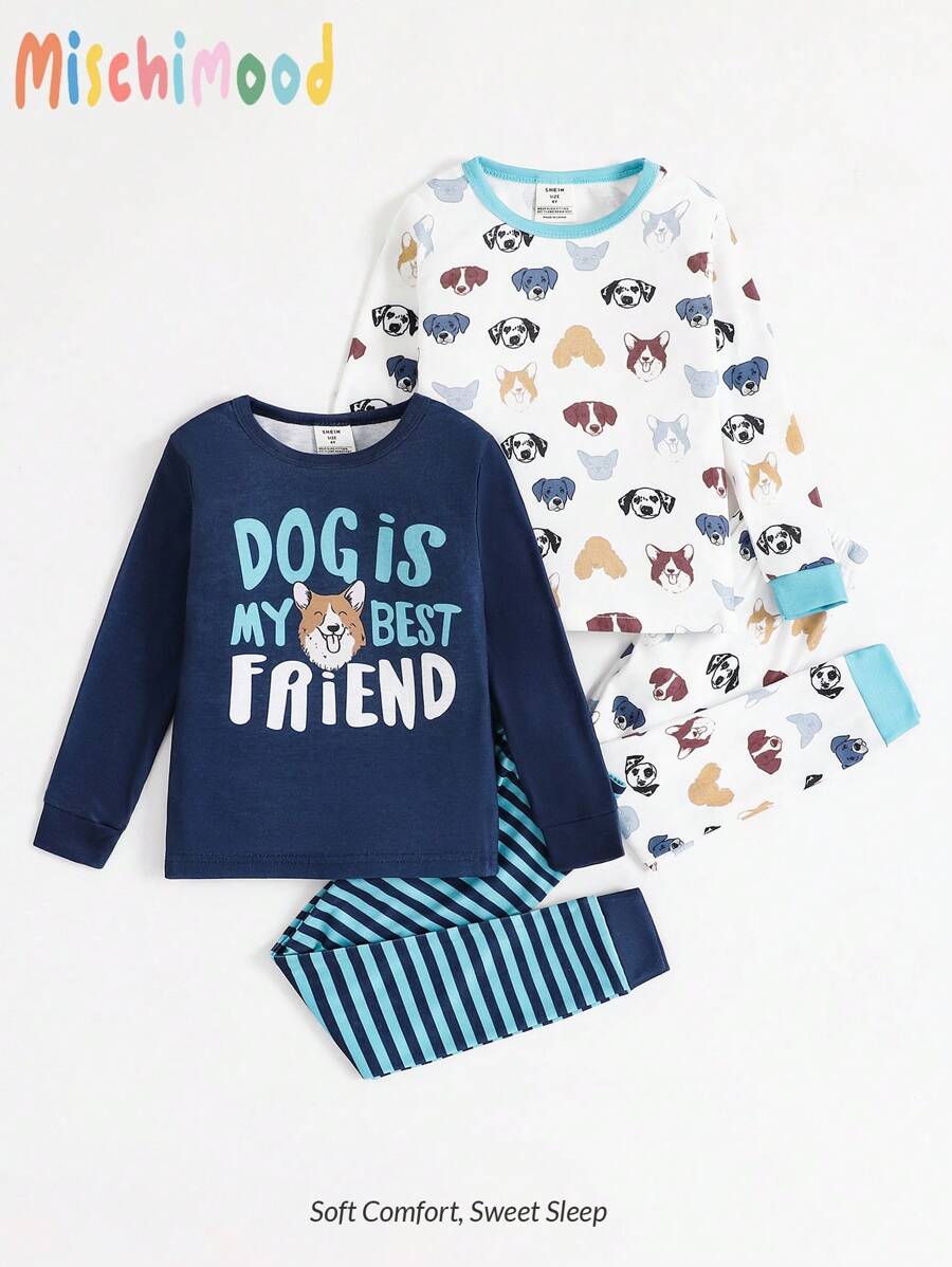 SHEIN 2pcs/Set Young Boy Casual Cartoon Dog Print Snug Fit Long Sleeve Pajamas - Multicolor - View 1