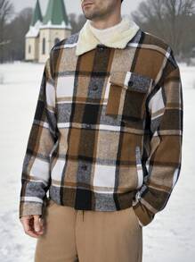 Manfinity VCAY 男士超大格子落肩保暖内衬拉链夹克，适合秋冬季，外出时尚保暖夹克彩色长袖夹克，适合朋友、丈夫、男朋友的礼物 - 彩色 - 查看 4