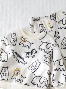 Cozy Pixies 2 Pcs/Set Toddler Boy Cartoon Animal Print Soft Knitted Drop Shoulder Crew Neck Sweatshirt And Drawstring Pants Set