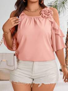 Celure 大码女式纯色 3D 花卉装饰露肩优雅衬衫 - 粉色 - 查看 1