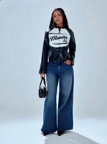 MUSERA Contrast Slogan Stand Collar Racer Jacket Winter Evening - Multicolor - View 1