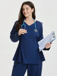 TaskEZ Bộ đồng phục phẫu thuật cỡ lớn cho nữ, áo dài tay cổ chữ V, thắt eo và quần ống đứng rộng rãi - Màu xanh hải quân - Xem 7