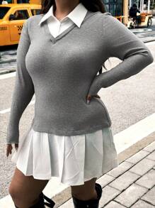 Flirla Plus Size Women Minimalist Knit Mixed Fabric Gray Pleated Dress, Versatile College Style - Grey - View 3