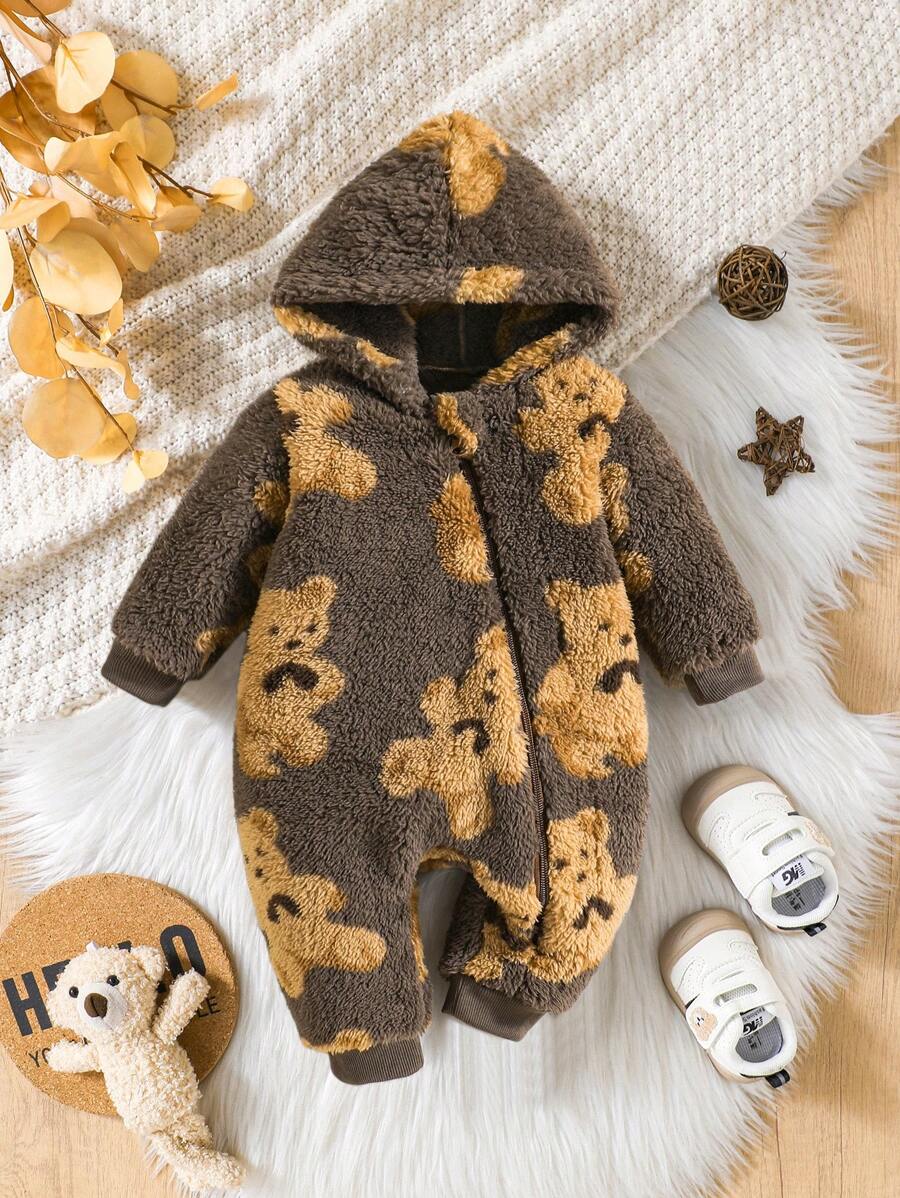 Bộ đồ liền thân dài tay có mũ in hình chú gấu dễ thương cho bé trai, mặc ở nhà ấm áp - màu nâu - Xem 1