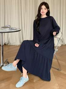 DAZY 女士纯色圆领长袖褶饰休闲秋冬连帽中长连衣裙，返校服装 - 藏蓝色 - 查看 4