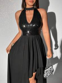 Viva Relle Đầm Maxi Không Tay Cổ Halter Viền Bất Đối Xứng Cho Nữ Ngày Lễ Sang Trọng Lãng Mạn Gợi Cảm Dự Tiệc Quyến Rũ Tiệc Tụ Tập - màu đen - Xem 7