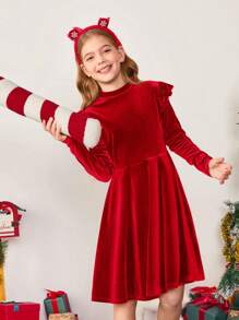 Tween Girl Solid Color Velvet Knit Ruffle Trim Long Sleeve Red Dress, Suitable For Kid Christmas - Red - View 8