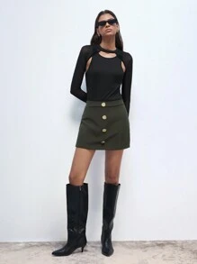 Maija Women's Elegant Olive Green Summer Asymmetrical Button Decor A-Line Skirt,High-Waisted Front Skirt Back Pants Combo,Casual City Brunch Business Attire - Army Green - View 6