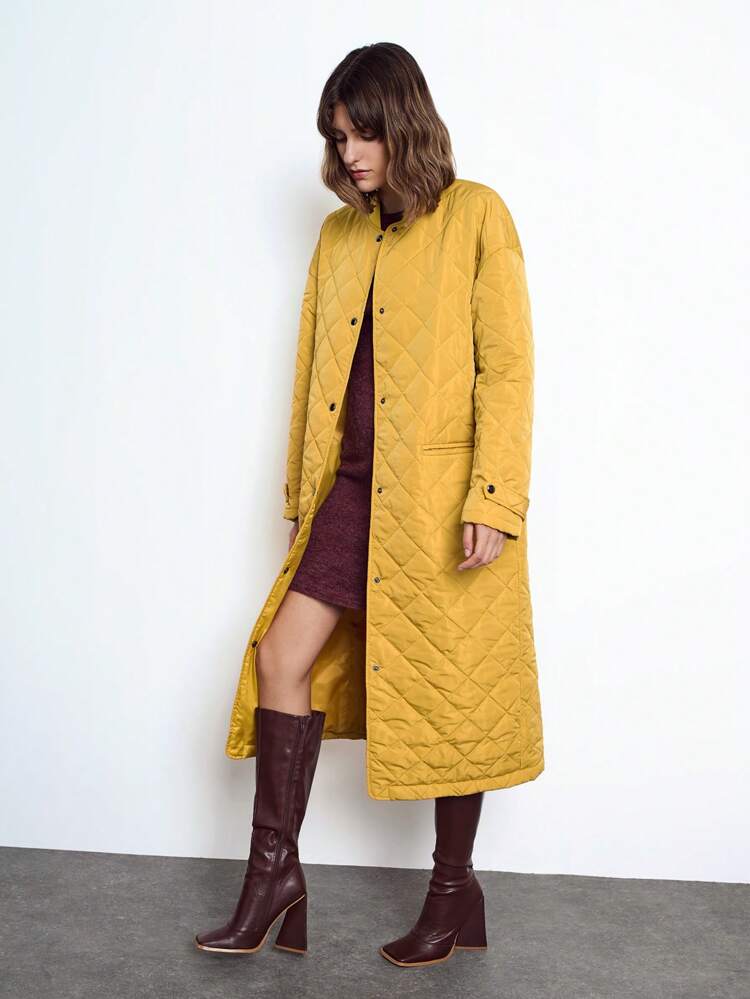 SHEIN Maija Women's Ginger Yellow Plain Button-Front Long Sleeve Pocket Casual Simple Fashionable Versatile Padded Coat, Early Spring