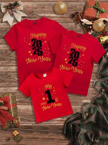 SHEIN Essnce Happy New Year! 2025 New Year Decor Style Foil Print Relaxed Fit Crew Neck Short Sleeve Women T-Shirt, Women Holiday Pullover Top - Red - View 5
