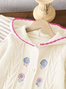 SHEIN Girls Floral Embroidered Hooded Cardigan, Vintage Country Style Knit Jacket