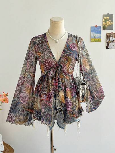 Soleia Women's Boho V-Neck Tie-Up Long Flare Sleeve Floral Print Casual Top, Summer Vacation Beach Outfits