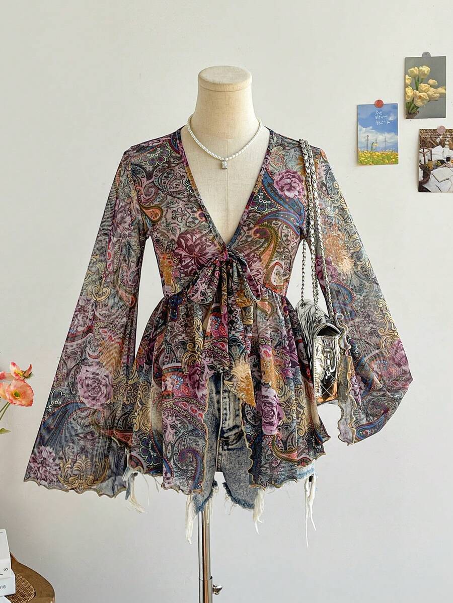 Soleia Women's Boho V-Neck Tie-Up Long Flare Sleeve Floral Print Casual Top, Summer Vacation Beach Outfits - Multicolor - View 1