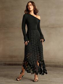 Anewsta 性感修身高腰镂空流苏长袖连衣裙超长款女装